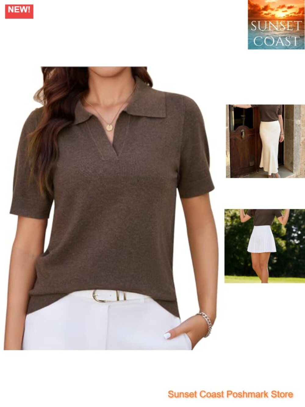 Womens Short Sleeve Polo Sweater V Neck Collared Knit Business Golf Top